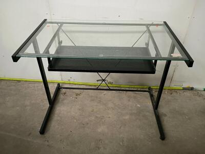 Glass Top Computer Desk, Black Metal Frame, Sliding Mesh Keyboard Tray, 39"x24"x30"