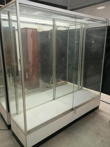 Glass Display Case, 70" W x 20" D x 38" H, Metal Frame, Sliding Rear Doors, Integrated Lighting