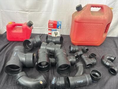 Small Gasoline Can( 1 GAL. 4 OZ.) Large Gasoline Can ( 5 GAL.) Ice Maker Outlet Box. Various Plumbling fittings.