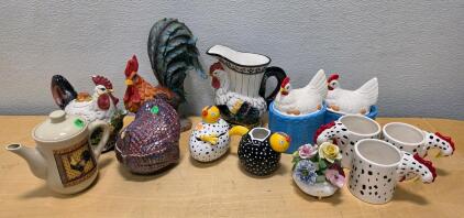 13-Piece Chicken and Rooster Ceramic Decor Lot &ndash; Teapot, Mugs, Figurines, Pitcher, Planters