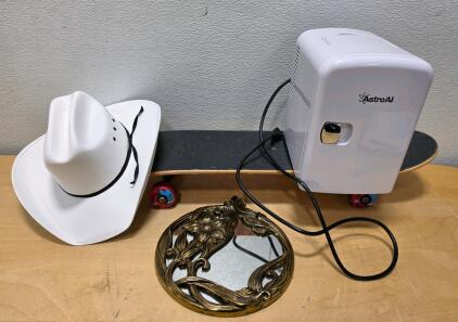 AstroAI 4L Mini Fridge, Cowboy Hat, 32" Maple Skateboard, Floral Art Nouveau Mirror