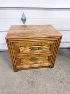 2-Drawer Oak Nightstand, Medium Brown Wood, Brass Handles, Decorative Molding, 24"x16"x22"