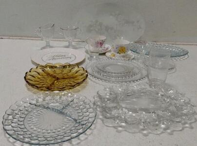 Vintage Glassware & Floral Teacup Lot &ndash; Bubble, Frosted, Amber, Plates, Saucers & Platter