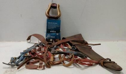 Horse Tack Lot: Medicine Hoof Boot Size 00, Nylon Halters, Leather Breast Collar, Bone Stirrups