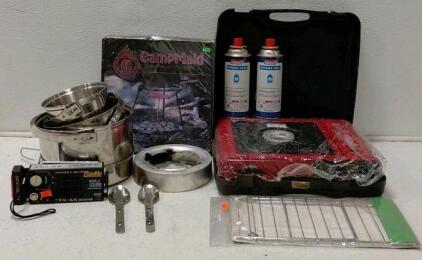 Camping Cook Set &ndash; Butane Stove, CampMaid Lid Holder, Pack Grill, Radio, Cookware, Backpack
