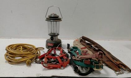 Horse Halters, Leather & Rope Girths, Coleman Lantern, Yellow Extension Cord, Lot of 10+