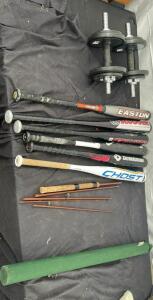 Sporting Good Kit (2) 15 Pound Weights (6) Baseball Bats (1) Fishing Pole and Carrier Case