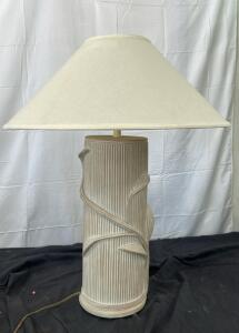 1970's ceramic table lamp by Ross features a textured cylinder base with climbing vine details.
