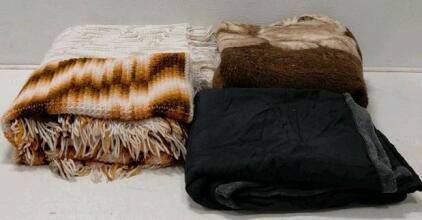 Lot of 4 Mixed Blankets&mdash;2 Crochet Afghans, Cat Motif Plush Throw, Solid Blanket&mdash;Various Styles
