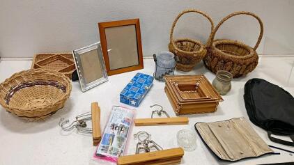 Decorative Wicker Baskets, Wooden Trays, Metal & Wood Frames, Storage Tin, Travel Roll, Hooks Lot and more.