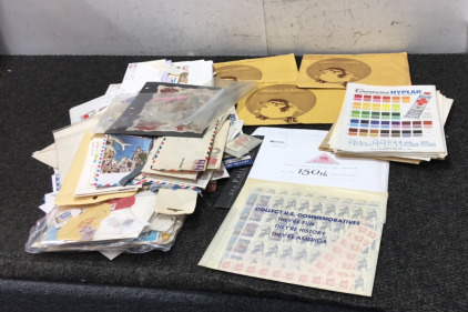 (3) 1973 Sheets of Conservation Stamps, Collector’s Preview, Larg Pile of Postmarked Stamps, Papers