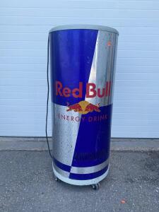 Red Bull Commercial Rolling Barrel Cooler | 4.5 cu ft | 120V | Holds 180+ Cans | Promo Display, powers on.