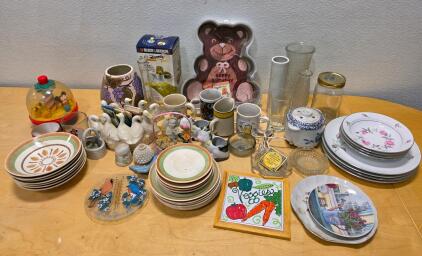 Large Vintage Kitchenware Lot with Plates, Bear Cake Pan, Black & Decker Gadget, Figurines