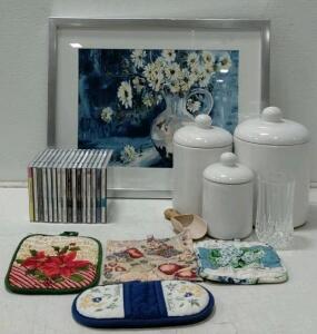 Framed Tasolle Art Print &ndash; White Daisies in Jug, Signed, Silver Metal Frame, 21"x17"
