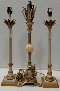 Hollywood Regency Style Table Lamps Set &ndash; Gold & Cream, Feather Motif, Pair Plus Large Accent Lamp