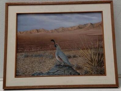 Howard Satchell Oil Painting 12x16 Gambel's Quail Arizona Desert, Signed, Framed, 1995