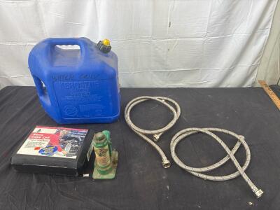 Vintage Cenyury-Fox- 1-1/2 ton Bottle Jack. Laclede Sierra Cable Link Tire Chains( for &ldquo;S.A.E&rdquo; Class &ldquo;S&rdquo; front wheel drive) , (2) Steel Braided Hoses ( Hot, and Cold), Large KEROSINE Can ( 5 gallons)