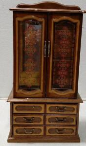 Tall Vintage Tabletop Wooden Jewelry Armoire Cabinet with Mirror, 7 Drawers, Glass Doors