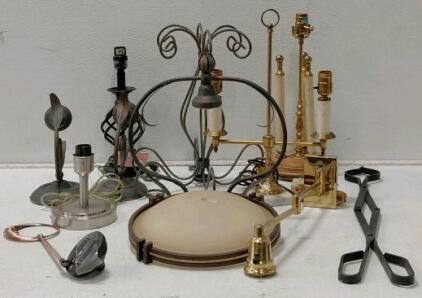 Mixed Lot: Ornate Brass Table Lamps, Scrollwork Chandelier, Glass Shade, Various Lamp Parts