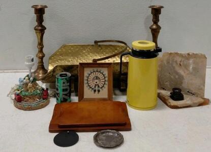 Vintage Brass Fireplace Set, Candlesticks, Thermos, Plaque, Lamps, Assorted Decor Lot