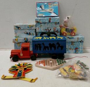 Vintage Wooden Circus & Vehicle Toy Set, 30+ pcs, Boxed Trucks, Animals, Games, 1950s-70s
