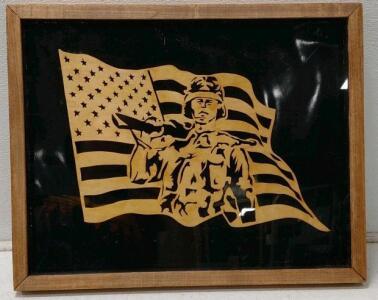 Framed Woodcraft Silhouette Art of U.S. Soldier with American Flag, Signed by Britt, 2005