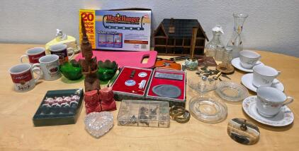 Vintage Household Collectibles Lot with Campbell&rsquo;s Mugs, Magic Hanger, Glassware, Jewelry Assortment