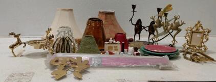 Bulk Home Decor Lot &ndash; Lamp Shades, Brass Asian Plaques, Miniatures, Ceramic Plates