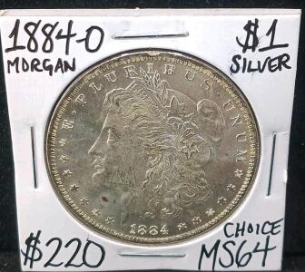 1884 Morgan Silver Dollar $1 Coin, MS64 Grade, Philadelphia Mint, 90% Silver, Choice Condition