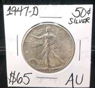 1947-D Walking Liberty Half Dollar, 90% Silver, AU Condition, Denver Mint, 50&cent; Coin