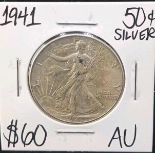 1941 Walking Liberty Half Dollar, 90% Silver, AU Grade, About Uncirculated, 50&cent; USA Coin