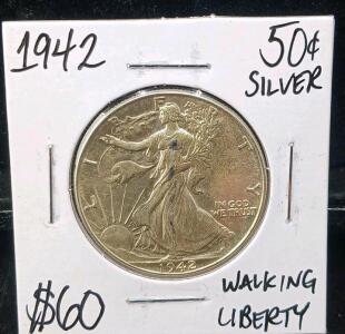 1942 Walking Liberty Half Dollar, 90% Silver, Fine Condition, Classic U.S. Coin