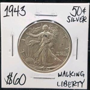 1943 Walking Liberty Half Dollar, 90% Silver, U.S. Mint, Circulated, Classic Coin