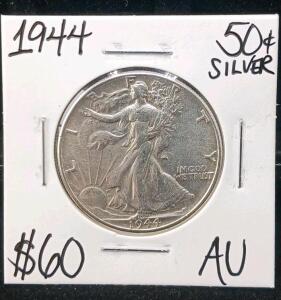 1944 Walking Liberty Half Dollar, AU Grade, 90% Silver, 50&cent; Coin, Adolph A. Weinman Design
