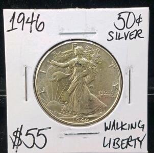1946 Walking Liberty Half Dollar, 90% Silver, Circulated, "$55" Marked Value