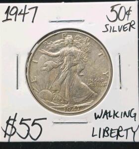 1947 Walking Liberty Silver Half Dollar, 90% Silver, U.S. Coin, Circulated