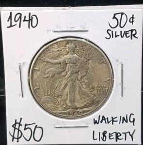 1940 Walking Liberty Half Dollar, 90% Silver, Circulated, Philadelphia, 30.6mm, 12.5g