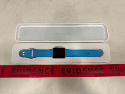 Apple Watch Sport 38mm Silver Aluminum Case, Blue Band, Series 0, Charging Cable, Box, SN: FH8RWCWCG99D