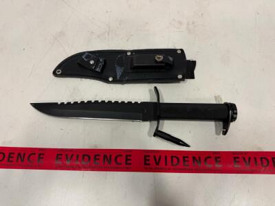Rambo-Style Survival Knife, 8" Stainless Blade, Sawback, Knurled Metal Handle, Sheath - China