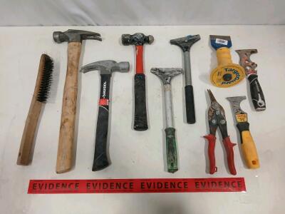 Assorted Lot of 10 Hand Tools: Husky & Purdy Hammers, Scrapers, Tin Snips, Wire Brush