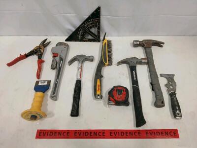 Husky & Stanley Mixed Hand Tool Lot &ndash; Pipe Wrench, Hammers, Snips, Measuring Tools (9 pcs)