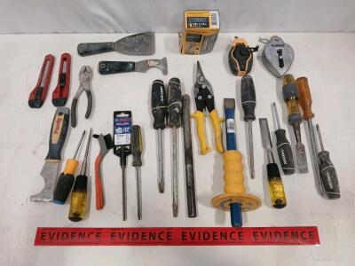 Large Mixed Hand Tool Lot: Husky, DeWalt, WISS, Everbilt, Chalk Reels, Drill Bits, More