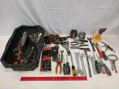 Large Lot Husky Hand Tools, Adjustable Wrenches, Pliers, Screwdrivers, Chains, Storage Bin, Flares
