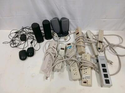Bulk Lot: 9 Surge Protector Power Strips, 2 Sets Dell Speakers, 2 Wired Mice - Office Electronics