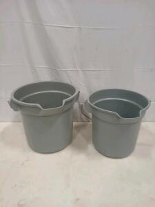 Pair Gray Plastic Utility Buckets, 5-Gallon & 3.5-Gallon, With Handles and Pour Spouts