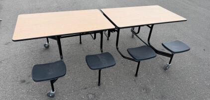 Folding Cafeteria Table with 8 Attached Stools, Mobile, 10'x2.5', Laminate Top, Black Seats