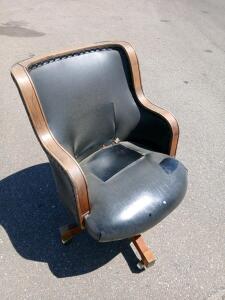 (2) Vintage Executive Swivel Office Chair, Wood Frame, Black Vinyl, Four-Leg Caster Base