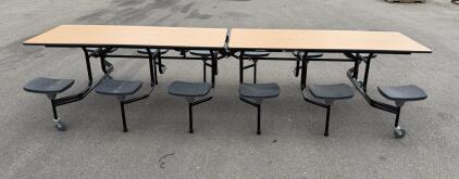 12 ft Folding Cafeteria Table with 12 Attached Stools, Oak Laminate Top, Black Steel Frame