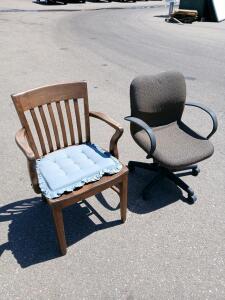 Solid Wood Armchair with Cushion and Adjustable Swivel Office Chair Set, Brown