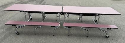 12' Folding Cafeteria Table with Attached Benches, Wheels, Mauve Laminate, Steel Frame